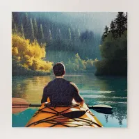 Serene Kayaking Scene | Man in Kayak in Mountains Jigsaw Puzzle