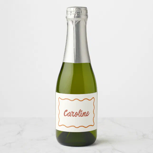 70s Wavy Border Handwritten Name Mini Champagne Sparkling Wine Label