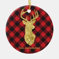 Buffalo Plaid Gold Deer Monogram Christmas Ceramic Ornament