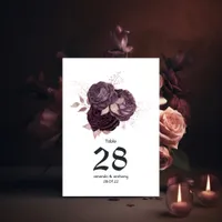 Dark Purple and Rose Gold Floral Wedding Table Number