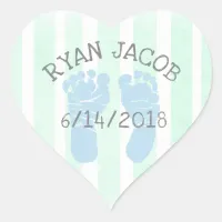 Blue Green Baby Announcement Footprints Heart Sticker