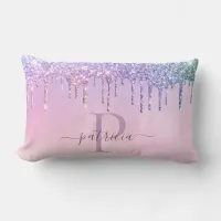 Glam Purple Glitter Drips Elegant Monogram  Lumbar Lumbar Pillow