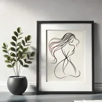 Graceful Line Art of Woman with Flowing Hair  Framed Art