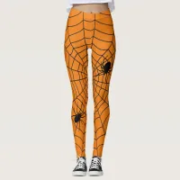 Halloween Spiders on Cobweb Orange Black Leggings