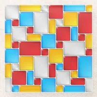 Colorful Mosaic Squares Glass Coaster