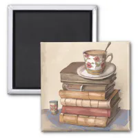 Old Vintage Books and a Cup of Coffee Magnet