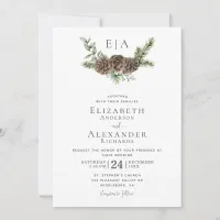 Winter Pine Cone Greenery Monogram Wedding Invitation