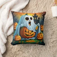 Ghost delights in Halloween treats! 🎃 Throw Pillow