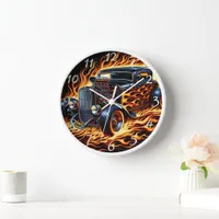 Vintage hot rod blazing through flames at sunset clock