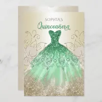 Gold Green Sparkle Dress Quincea&#241;era Quince  Invitation