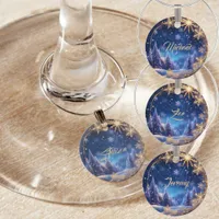 Magical Christmas time - golden snowflakes on blue Wine Charm