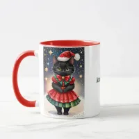 Black Christmas Cat in Red and Green Skirt Mug