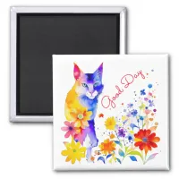 Good Day | Watercolor Cat and Flowers  Magnet