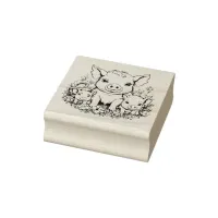 Cute Mama Pigs and Piglets in Flowers Rubber Stamp