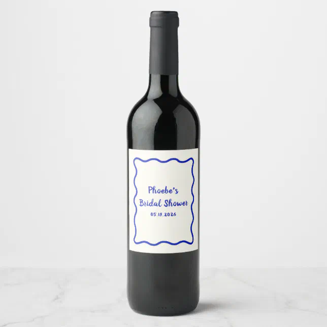 Blue Wavy Border Whimsical Bridal Shower Cute Wine Label