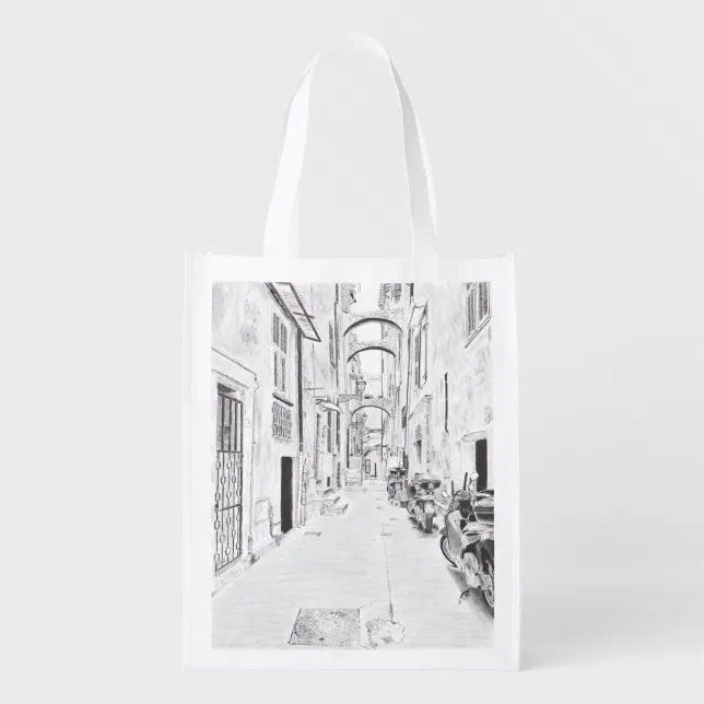 Reusable grocery bags narrow Italian street