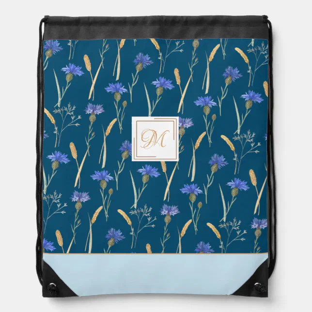 Blue Floral Wildflower Customized Monogram Drawstring Bag