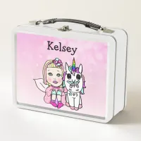 Personalized Pink Fairy and Unicorn Metal Lunch Box
