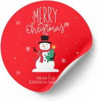 Snowman Christmas Stickers: Personalized Joy Classic Round Sticker