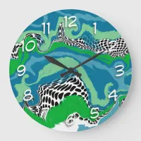 Sage Green, Blue, Black and White Abstract Fluid   Large Clock