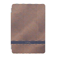 Copper Rose Gold Foil Chevron Navy Blue Monogram iPad Mini Cover
