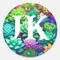 Aloe Vera and Succulents Collage Monogrammed Classic Round Sticker