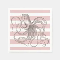 Vintage Octopus Nautical Pink Stripes Napkins