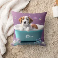 Cute puppy in a bathtub with soap bubbles throw pillow