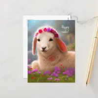 Cute easter lamb with flowers -  easter  postcard