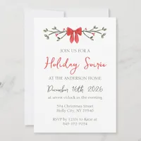 Elegant Holiday Soirée Bow and Holly Red and Green Invitation