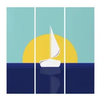 Nautical Sailboat at Sunset Minimalist Blue Yellow Triptych