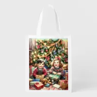 Sweet Nostalgic Children on Christmas to and from Grocery Bag