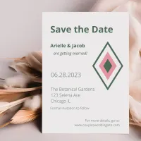 Bold Mid Century White, Olive & Pink Wedding Save The Date