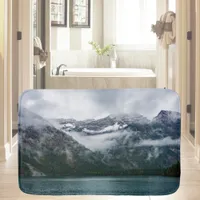 Snowy mountains in the fog at Plansee lake  Bath Mat