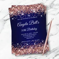 Rose Gold Glitter Navy Blue Ombre Fancy Monogram Invitation