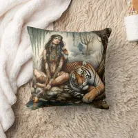 Native American Woman Sitting by Tiger at River Throw Pillow