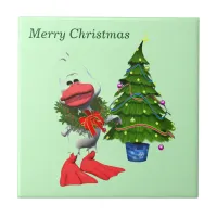 Cute White Christmas Duck Wearing a Wreath Ceramic Tile