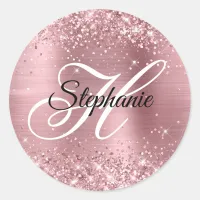 Glittery Light Pink Foil Fancy Monogram Classic Round Sticker