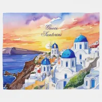 Greece Santorini Watercolor Sketch Aegean Sea |  Fleece Blanket