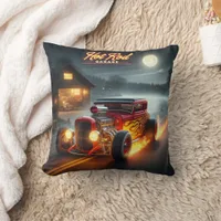 Hot rod at a moonlit lake throw pillow