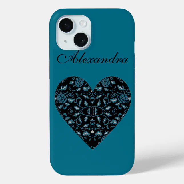 Elegant Flowery Black and Teal Damask Heart iPhone 15 Case