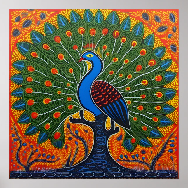 Indian Gond Art Peacock Orange | Art of India Poster