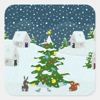 Christmas snow village with christmas tree and ani square sticker