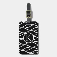 Monogram on Black and White Wave Pattern Luggage Tag