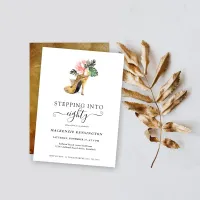 Stepping Into 80 Chic Floral Gold Heels Birthday Invitation