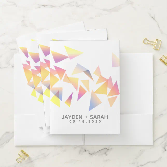 Pastel Triangle Confetti on White Wedding Pocket Folder