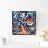 Knight Cat in Armor With Sword in Fantasy Setting Square Wall Clock