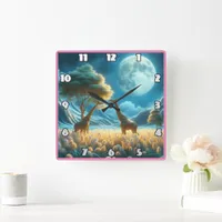 Giraffes grazing under Africa's moonlight Square Wall Clock