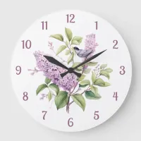 Lilac Flowers & Bird Botanical Illustration Wall Large Clock