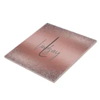 Rose Gold Brushed Metal Glitter Monogram | Ceramic Tile